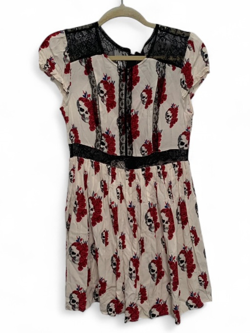 Royal Bones Cream Goth Cap Sleeve Dress with Red Floral Skull Print